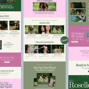 May include: A digital website template layout featuring a colour palette of dark green, light pink, and white. The design includes sections titled The Portfolio, Tips & Inspiration, Design Tips, Creative Resources, and Roselle D, with various photographic image placeholders and text blocks.