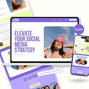Puede incluir: Una plantilla de sitio web de marketing digital para Studio Elevate mostrada en una pantalla de portátil y smartphone. El diseño presenta un esquema de color púrpura y blanco con el texto Elevate Your Social Media Strategy, un logotipo de Canva.