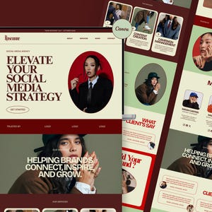 Può includere: Uno schermo di un laptop mostra il design di un sito web per un'agenzia di social media. Il design presenta una donna in abito nero, il testo "Elevate Your Social Media Strategy" e altri elementi in rosso e beige.