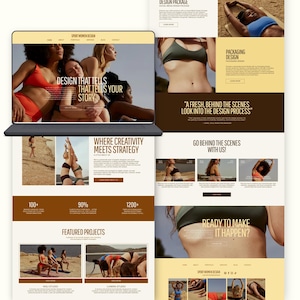 Könnte beinhalten: Ein Laptop zeigt ein Website-Design mit Bildern von Frauen in Bade- und Sportbekleidung. Die Website enthält Text wie "Design That Tells Your Story" und "Where Creativity Meets Strategy".