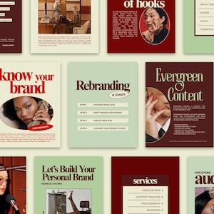 Puede incluir: Una colección de carteles de marketing y branding con una estética vintage. Los carteles presentan una tipografía audaz e imágenes de personas. Los temas incluyen branding, creación de contenido y estrategia de redes sociales. La paleta de colores incluye borgoña, verde y crema.