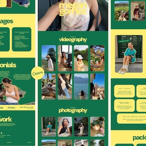 Puede incluir: Un diseño de sitio web de portafolio digital con un fondo verde oscuro y texto y acentos en amarillo brillante. El diseño incluye secciones para portafolios de videografía y fotografía, testimonios de clientes, paquetes de servicios y contacto.