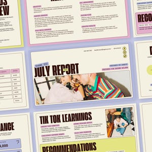 May include: A digital marketing report template titled July Report 2024, featuring a central photograph of two people drinking from glasses, surrounded by sections for performance metrics, TikTok learnings, and strategic recommendations with a retro aesthetic.