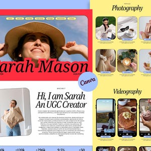 Peut inclure: Une mise en page de portfolio numérique pour Sarah Mason, créatrice de contenu UGC. Le design comprend un en-tête rouge avec une photo d'une personne portant un chapeau de soleil, une section blanche avec une biographie et une photo.