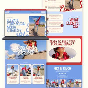 May include: A website design with a red, white, and blue colour scheme. The website's text includes "Elevate Your Social Media Strategy" and "Helping Brands Connect, Inspire, and Grow." The design features images of people and sections titled "What Client's Say" and "Ready to Build Your Personal Brand?"