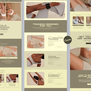 May include: A digital website layout template featuring a neutral color palette of beige and olive green. The design includes multiple sections with text headers like TRAINING DESIGNED FOR YOU, 1:1 PERSONAL TRAINING, and various fitness imagery.