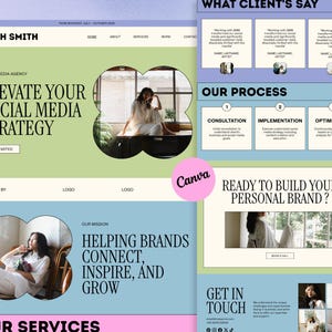 May include: A website template design for a social media agency featuring a light green and blue color scheme. The layout includes sections titled Elevate Your Social Media Strategy, Our Process, and Get In Touch, with placeholder images and text.