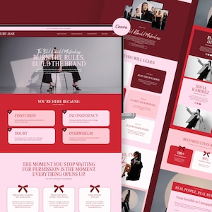 Pode incluir: Um laptop e dispositivos móveis exibem um design de site com um esquema de cores vermelho e rosa. O site promove um programa de construção de marca com o texto "BURN THE RULES, BUILD THE BRAND". O design inclui gráficos e texto.