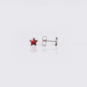 May include: A pair of silver stud earrings with a red star-shaped gemstone.