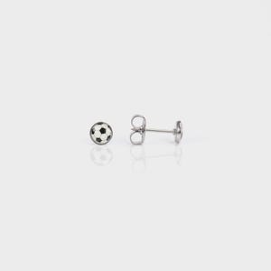 May include: A pair of silver stud earrings with a black and white soccer ball design.