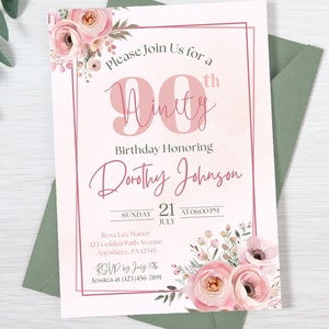 Editable 90th Birthday Invitation, 90th Invite Template Evite, Printable Birthday Party Invitation for Women, Digital Instant Download 5x7
