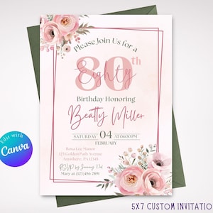Bearbeitbare 80. Geburtstagseinladung, 80er.Einladungsvorlage Evite, druckbare Geburtstagsfeiereinladung für Frauen, digitaler Sofort-Download 5x7