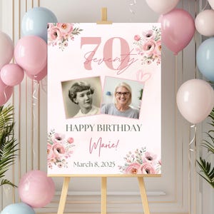 Letrero de bienvenida de cumpleaños floral, póster de decoración de fiesta de cumpleaños número 70, letrero de cumpleaños importante, letrero de bienvenida de feliz cumpleaños, póster número 70 con foto
