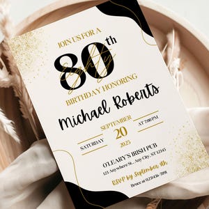 Editable 80th Birthday Invitation for Him, 80th Invite Template Evite, Black and Gold Birthday Party Invitation for Men, Digital Download