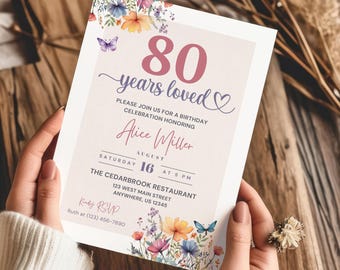 Editable 80th Birthday Invitation, 80th Invite Template Evite, 80 Years Loved Party Invitation for Women, Milestone Birthday Invitation
