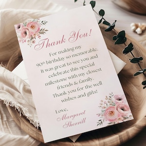 Tarjeta de agradecimiento de cumpleaños floral, tarjetas de agradecimiento personalizadas, nota de agradecimiento de cumpleaños, plantilla editable imprimible personalizada para hitos de cumpleaños