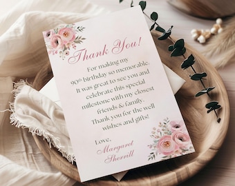 Floral Birthday Thank You Card Custom Thank You Cards Birthday Thank You Note Personalized Printable Milestone Birthday Editable Template