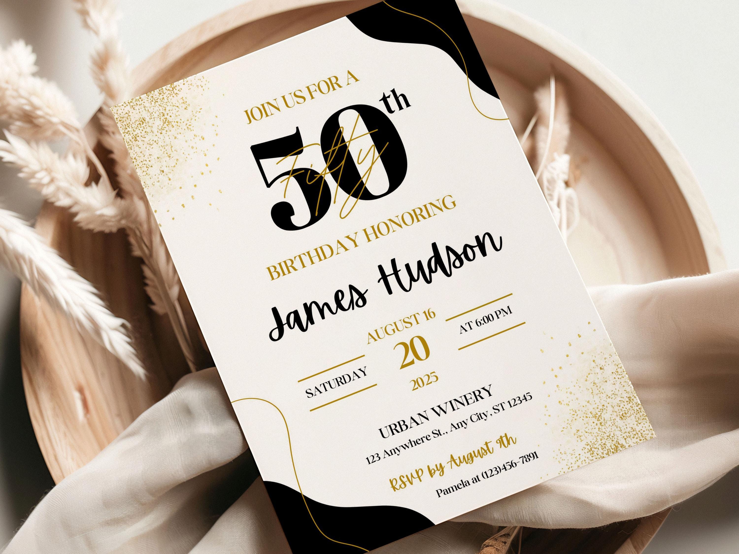 Editable 50th Birthday Invitation for Him, 50th Invite Template Evite, Black and Gold Birthday Party Invitation for Men, Digital Download