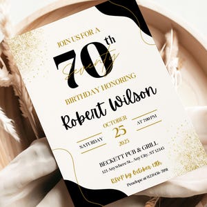 Bewerkbare 70e verjaardagsuitnodiging voor hem, 70e uitnodigingssjabloon Evite, zwart en goud verjaardagsuitnodiging voor mannen, digitale download