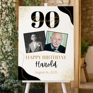Schwarz Gold Geburtstag Willkommensschild 90er Jahre Poster Party Dekoration, Meilenstein Geburtstag Willkommensschild Happy Birthday 90er Jahre Poster mit Foto