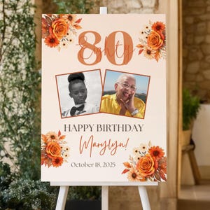 Fall Floral Birthday Welcome Sign, 80th Birthday Poster Party Decor, Autumn Milestone Birthday Welcome Sign, 80th Poster with Photo Download