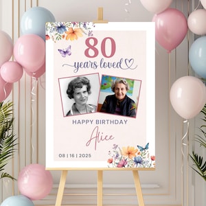 Wildflower Birthday Welcome Sign, 80th Birthday Poster Party Decor, Milestone Birthday Sign, Happy Birthday Sign, 80th Poster with Photo