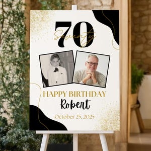 Letrero de bienvenida de cumpleaños negro y dorado, póster de 70 cumpleaños, decoración de fiesta, letrero de bienvenida de cumpleaños hito, póster de feliz 70 cumpleaños con foto