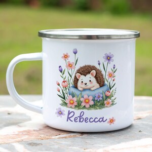 Personalized Mug for Kids, Cute Hedgehog Enamel Camping Mug, Hot Chocolate Mug for Girls, Kids Shatterproof Mugs, Floral Mug Hedgehog Gift