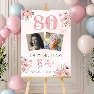 Panneau de bienvenue floral anniversaire, affiche des 80 ans, décoration de fête, jalon d'anniversaire, panneau de bienvenue joyeux anniversaire, affiche des 80 ans avec photo