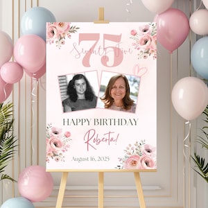 Blumen Geburtstag Willkommensschild, 75er Geburtstag Poster Party Dekoration, Meilenstein Geburtstagsschild, alles Gute zum Geburtstag Willkommensschild, 75er Jahre Poster mit Foto