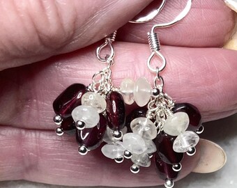 Red Garnet and Moonstone Cluster Earrings: .925 Sterling Silver Artisan Jewelry