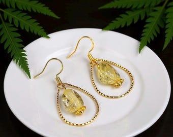 Citrine Nugget Dangle Earrings:  Teardrop Hoops, 14k .925 Ear Wires