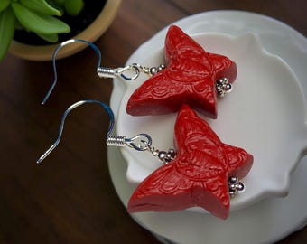 Hand carved Red Cinnabar Butterfly Earrings: .925 Sterling Silver