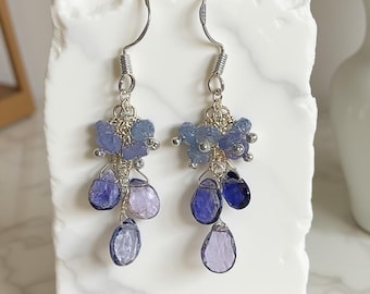 Violet Iolite Teardrop Gemstone Cluster Earrings, Dangle Earrings, Waterfall Earrings, OOAK, Gift for Her, Anniversary gift