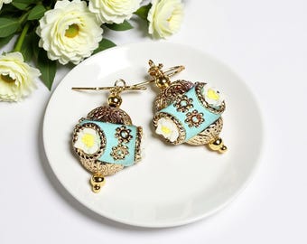 Turquoise Ceramic Imperial Egg Earrings: Gold Dangle Drop, Bollywood Style