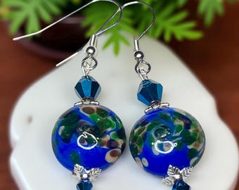 Blue - Green Peacock Lampwork Glass Earrings with Crystals, .925 Silver Ear Wires