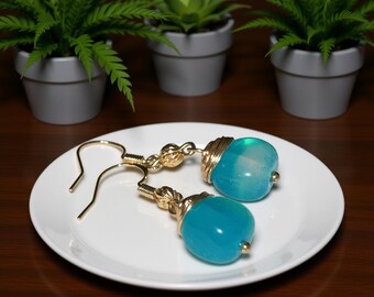 Aqua Blue Ocean Agate, Mini Drop Gold Plated Artisan Earrings