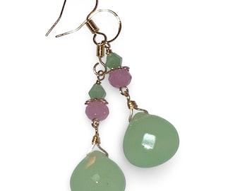 Green Chalcedony Briolette with Crystals Earrings: .14k GP Wires