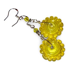 Handblown Lampwork Glass Earrings: Yellow Ruffled Edge, .925 Silver Ear Wires