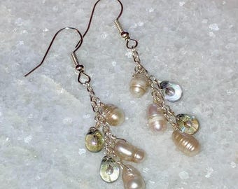 White Freshwater Pearl, AB Czech Glass, Waterfall Earrings: .925 Sterling Silver
