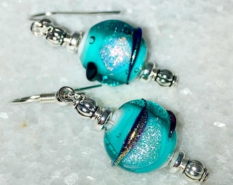Teal Lampwork Glass Earrings: Handblown Artisan Dangle, Tibetan Silver