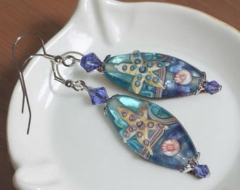 Clear Blue, Purple and Pink Lampwork Glass Starfish Earrings: Silver Dangle Drop, Beach Jewelry
