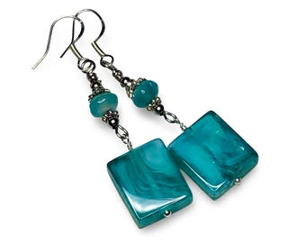 Blue Marbled Lampwork Glass .925 Sterling Silver Dangle/Drop Earrings