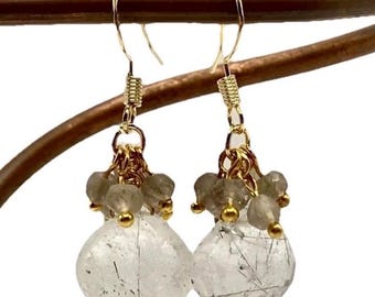 Black Rutilated Quartz Teardrop Earrings: Smoky Quartz .925 Gold Cluster