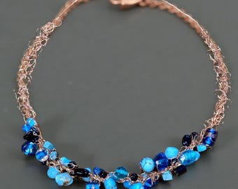 Crocheted Copper Choker, Blue Bead Soup Artisan Necklace