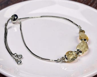 Yellow Citrine Nugget Bolo Slider Bracelet: Adjustable Silver
