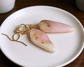 Peruvian Pink Opal Teardrop Earrings: 14k Gold Dangle Statement Jewelry