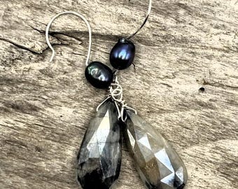 Labradorite Pearl Gemstone  Earrings: .925 Sterling Silver Ear Wires