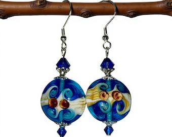 Blue Ocean Wave Lampwork Earrings, .925 Sterling Silver, OOAK