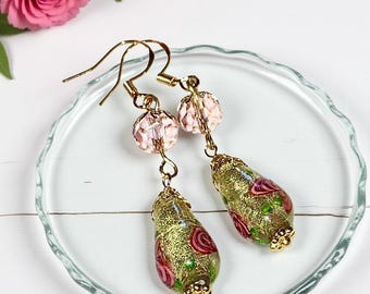 Venetian Gold Foil Glass Teardrop Earrings: Pink Flower Dangle, .925 Gold
